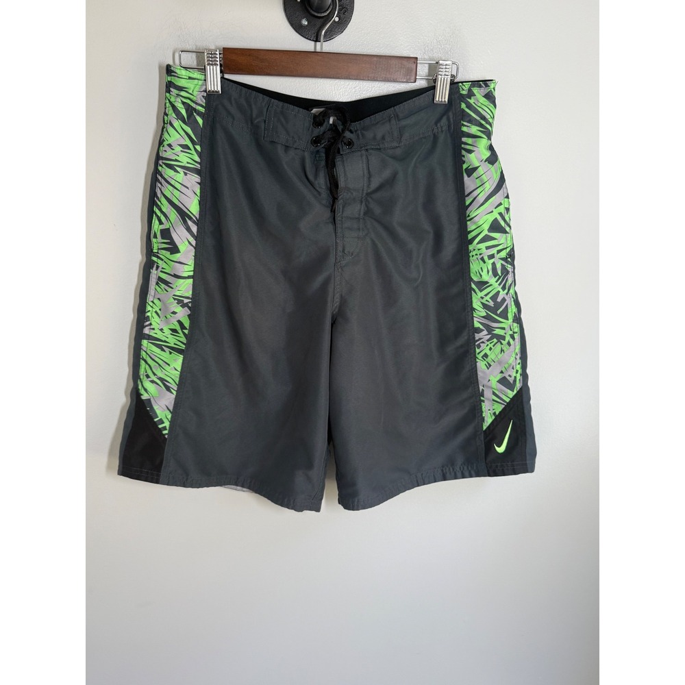 Nike Mens Swim Trunks Board Shorts Grey Lime Green Palm Leaf Print Size Large